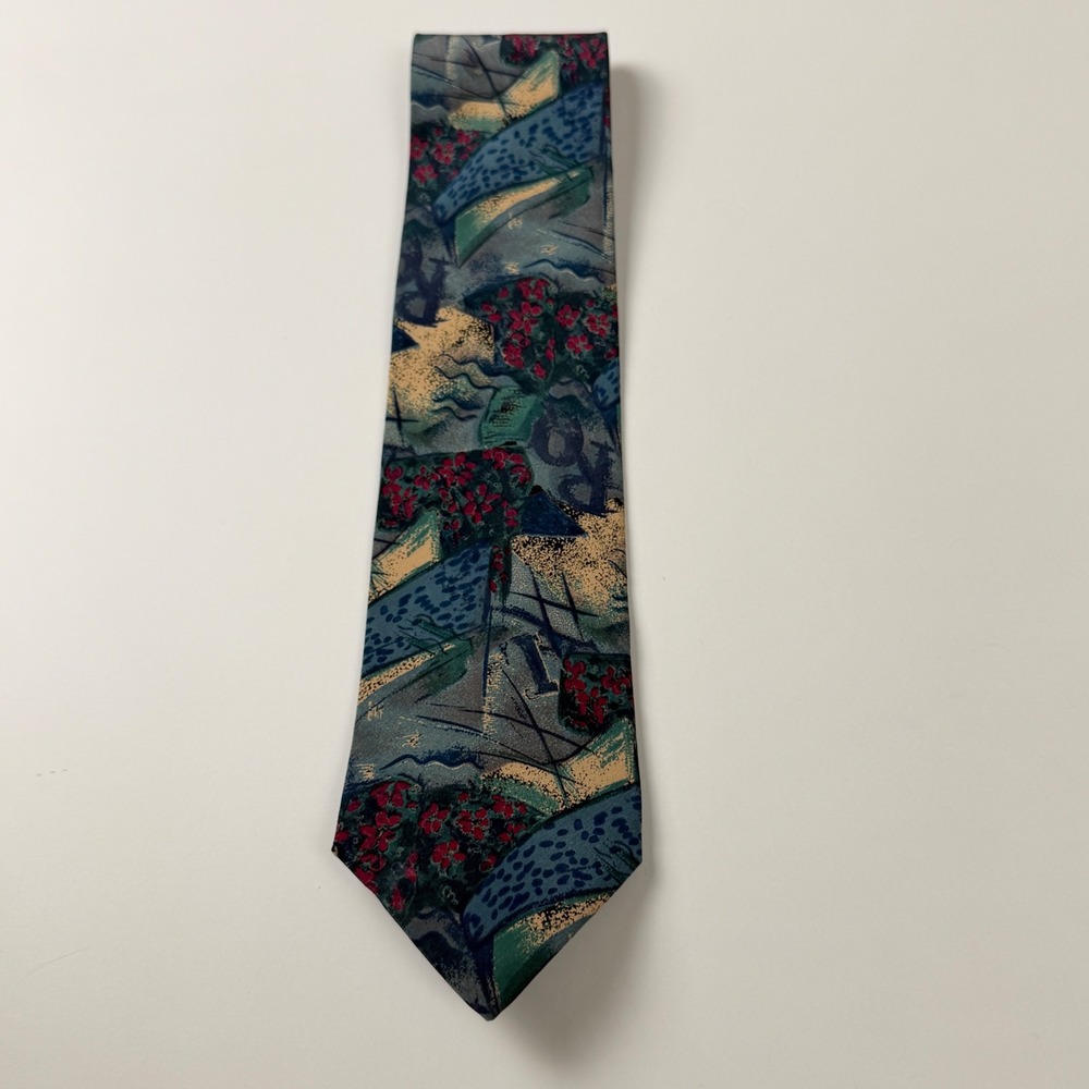 Moda Italiana‎ Teal Abstract Floral Geometric Silk Tie Italy